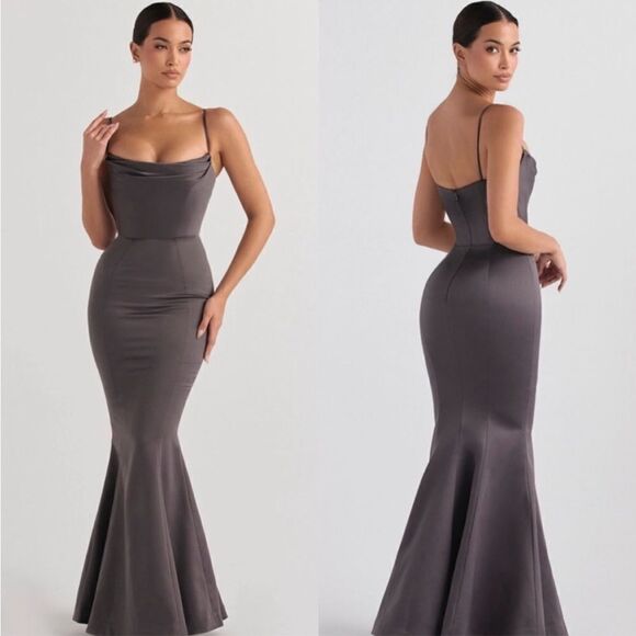 NWT House of CB 'Violette' Shadow Grey Satin Fishtail Maxi Gown XS - Picture 4 of 7